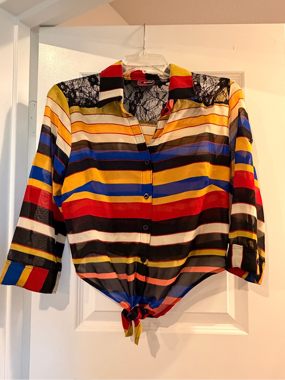 Vintage Y2K Cherry Krave Multicolor Striped Lace Tie-Front Blouse Size S
